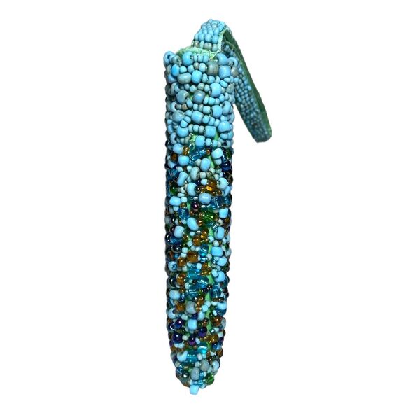 Handcrafted Beaded Clutch Bag Turquoise & Brown Beads Boho Chic Evening Purse - Picture 4 of 9